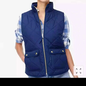 J Crew Quilted Puffer Vest Zip Front Womens Medium Blue Snap Pockets Preppy